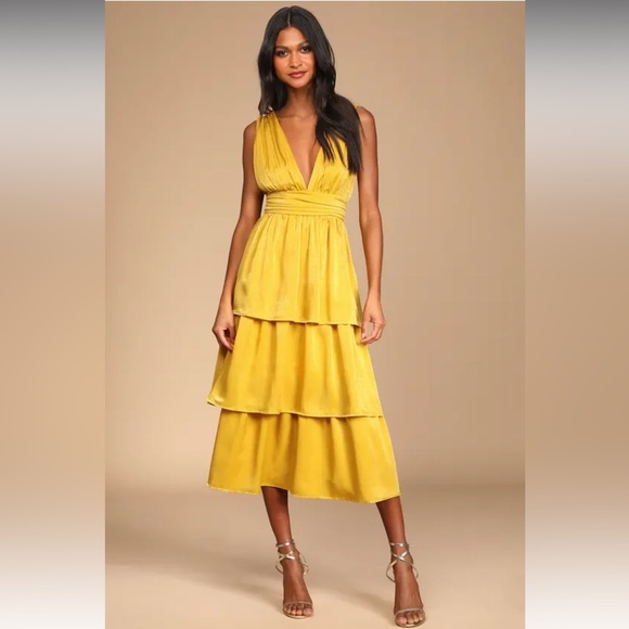 NWT Lulu's Peak Party Vibe Mustard Yellow Satin Tiered Tie-Back Midi Dress - Picture 2 of 5